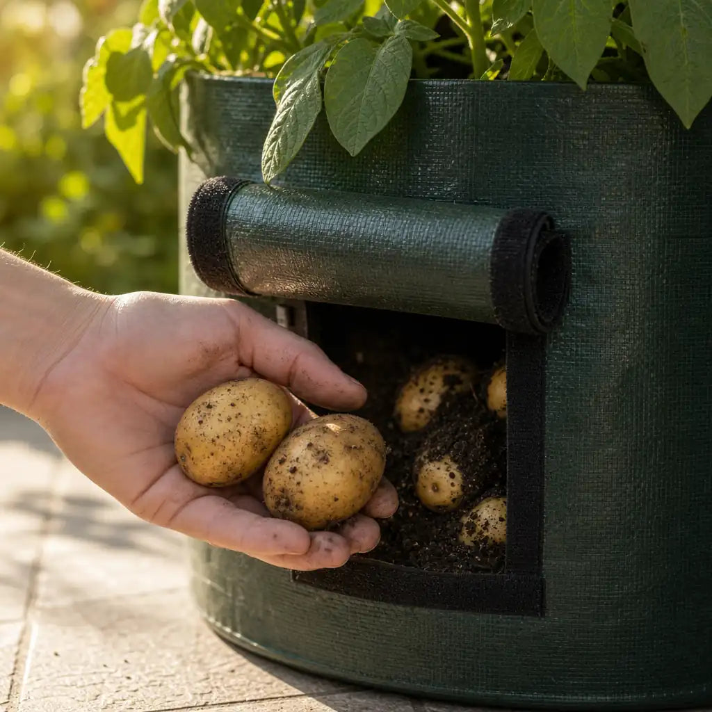 Kartoffeln ernten ohne Umgraben durch die geöffnete Ernteklappe