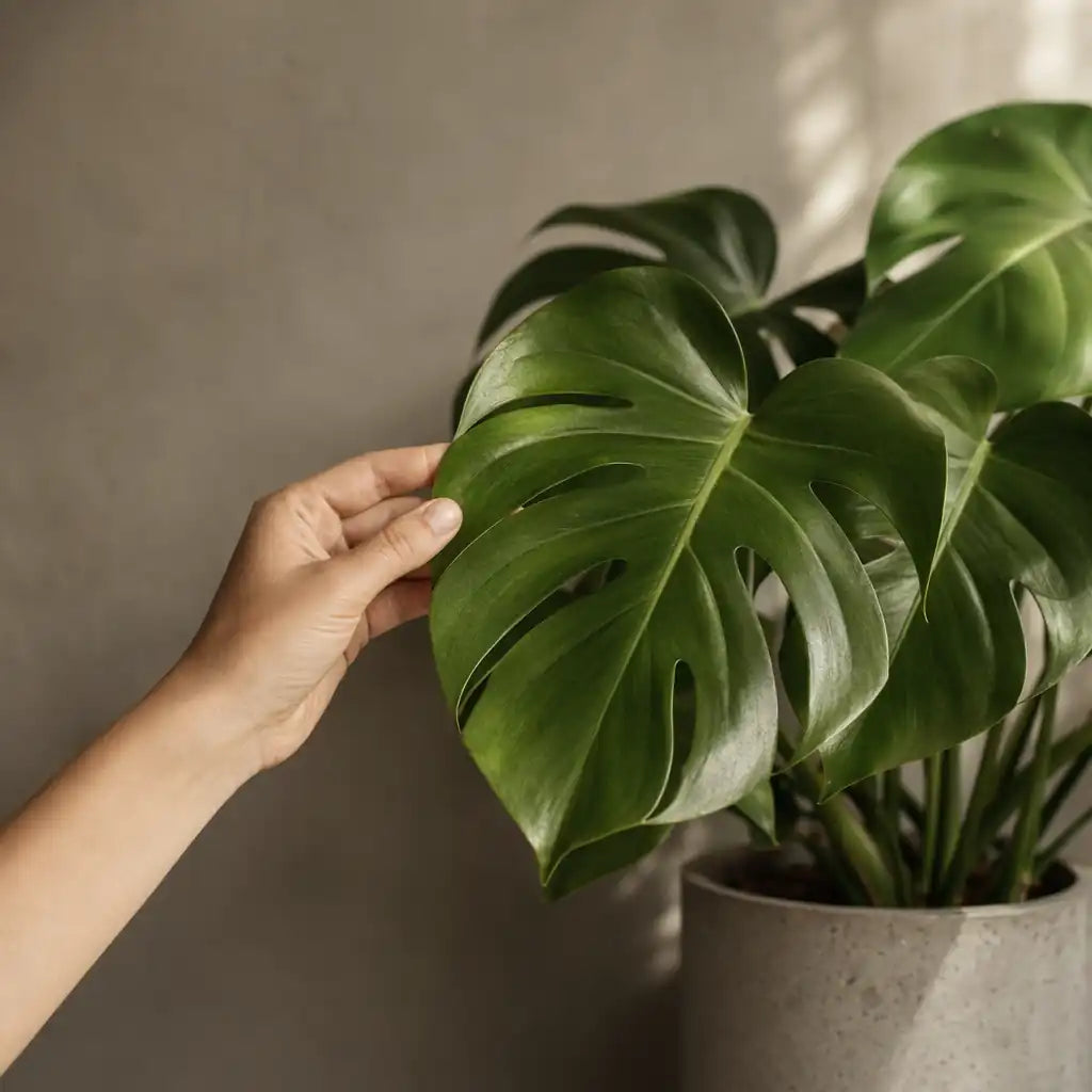 Hand berührt sanft ein glänzendes Monstera-Blatt