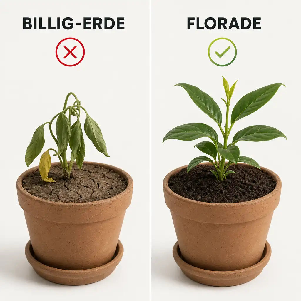 Vergleich Billig-Erde und Florade Universelle Blumenerde