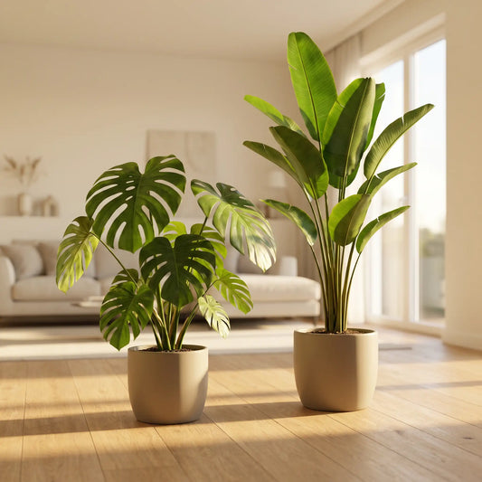 Monstera Deliciosa und Strelitzia Nicolai als Zimmerpflanzen-Set in hellen Übertöpfen im Wohnzimmer