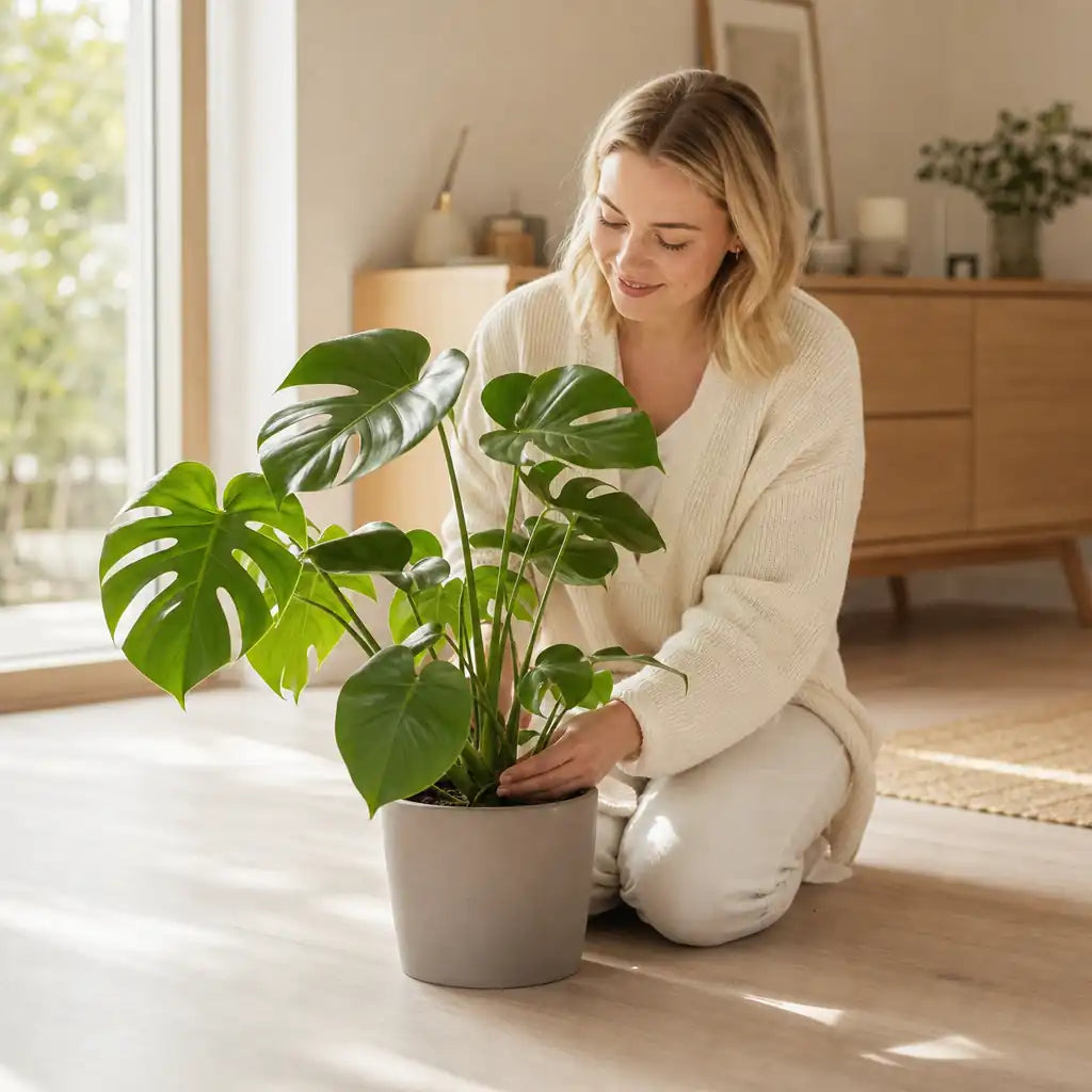 Frau arrangiert eine Monstera Deliciosa im hellen Wohnraum