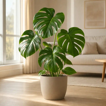 Monstera Deliciosa im hellen Wohnzimmer in dekorativem Übertopf am Fenster