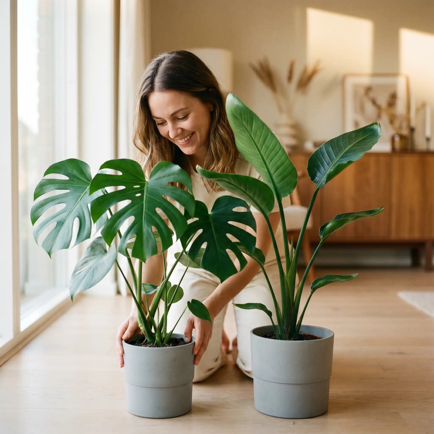 Frau arrangiert das Monstera- und Strelitzia-Set im hellen Wohnraum