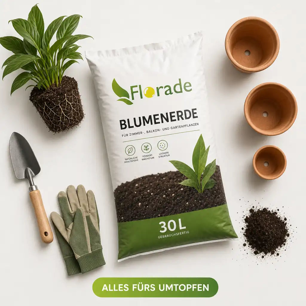 Blumenerde-Sack mit Umtopf-Zubehör im Flat-Lay