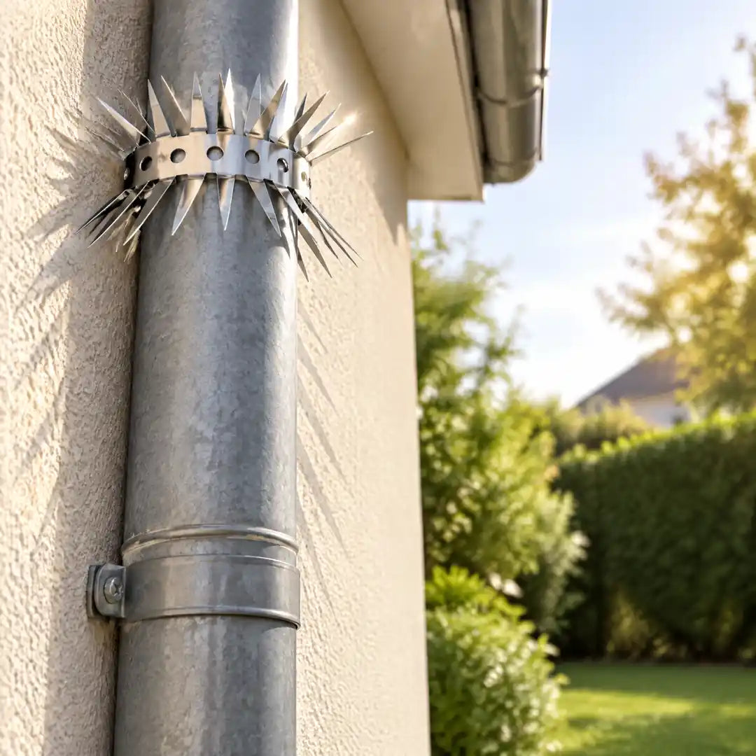 Stachelmanschette an einem Zinkfallrohr an der Hausfassade montiert