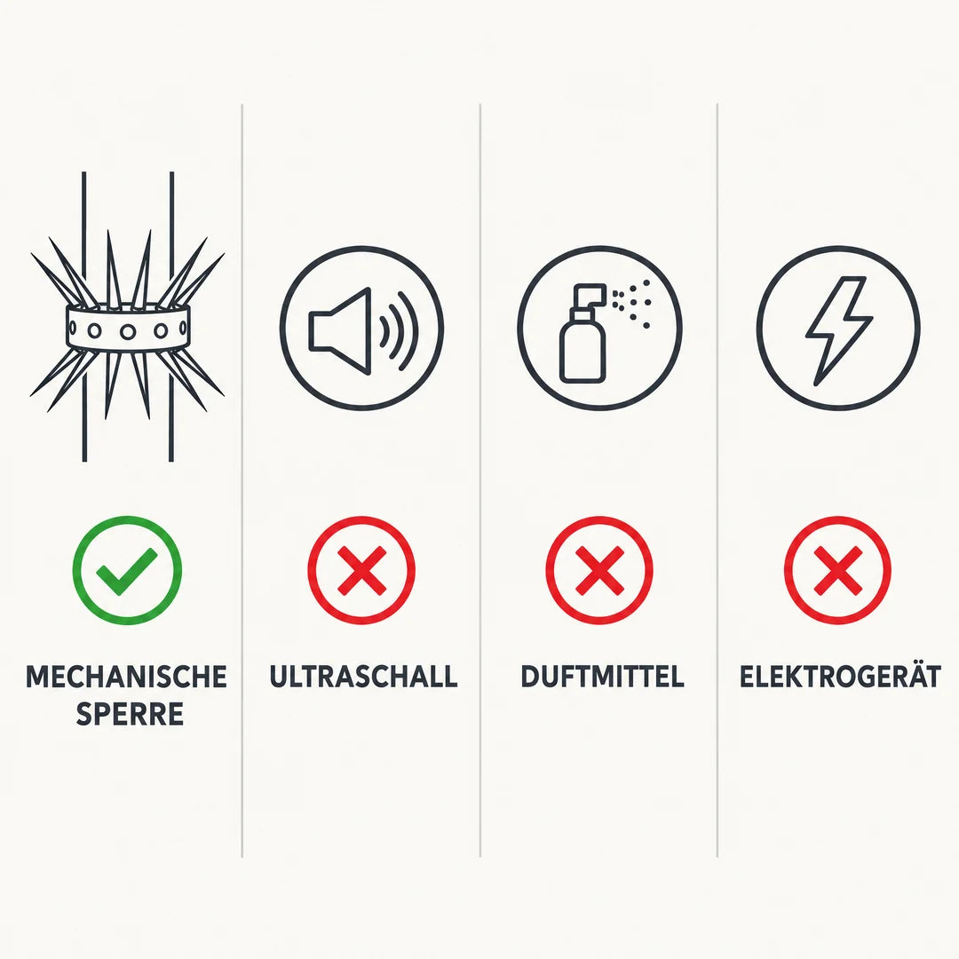 Vergleich mechanische Sperre mit Ultraschall, Duftmittel und Elektrogerät