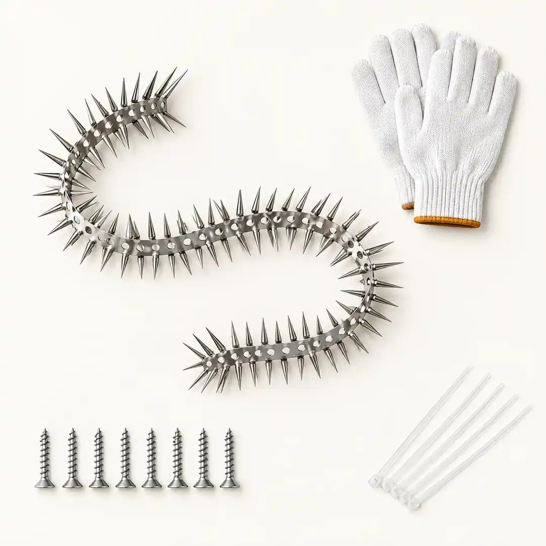 Lieferumfang mit Stachelband, Schutzhandschuhen, Schrauben und Kabelbindern