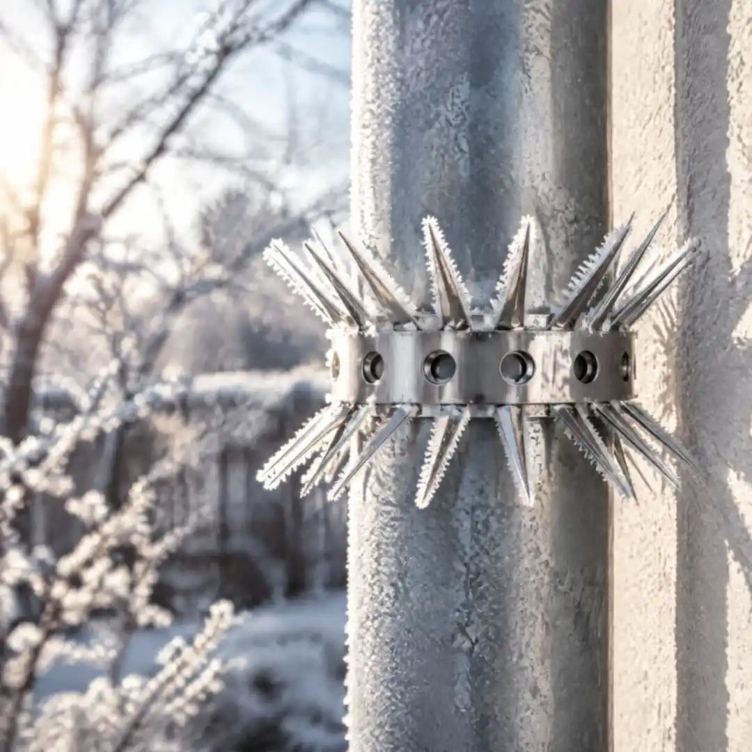 Stachelmanschette am Fallrohr mit Raureif an einem Wintermorgen