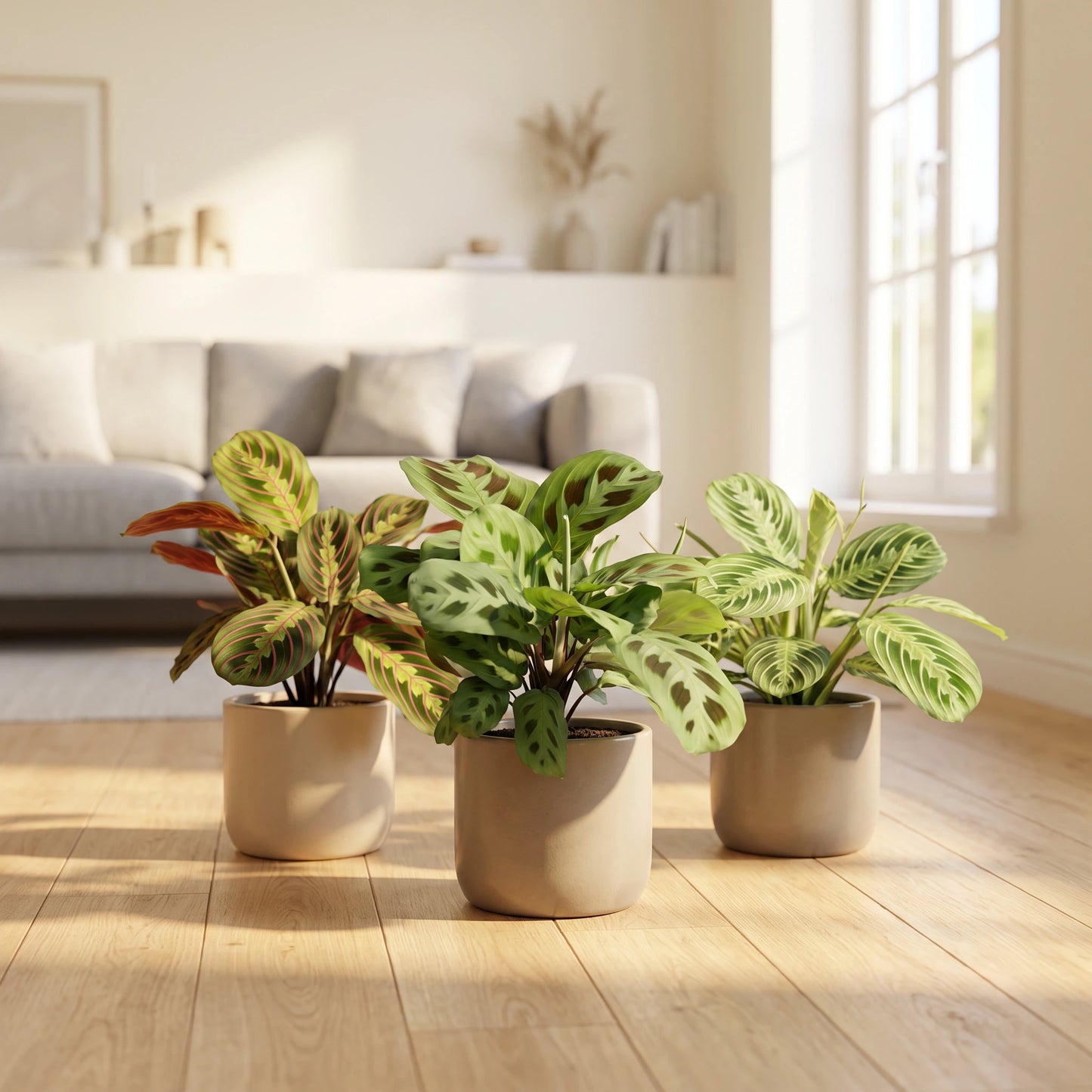 Maranta Leuconeura Fascinator Sortenmix in dekorativen Übertöpfen im hellen Wohnzimmer