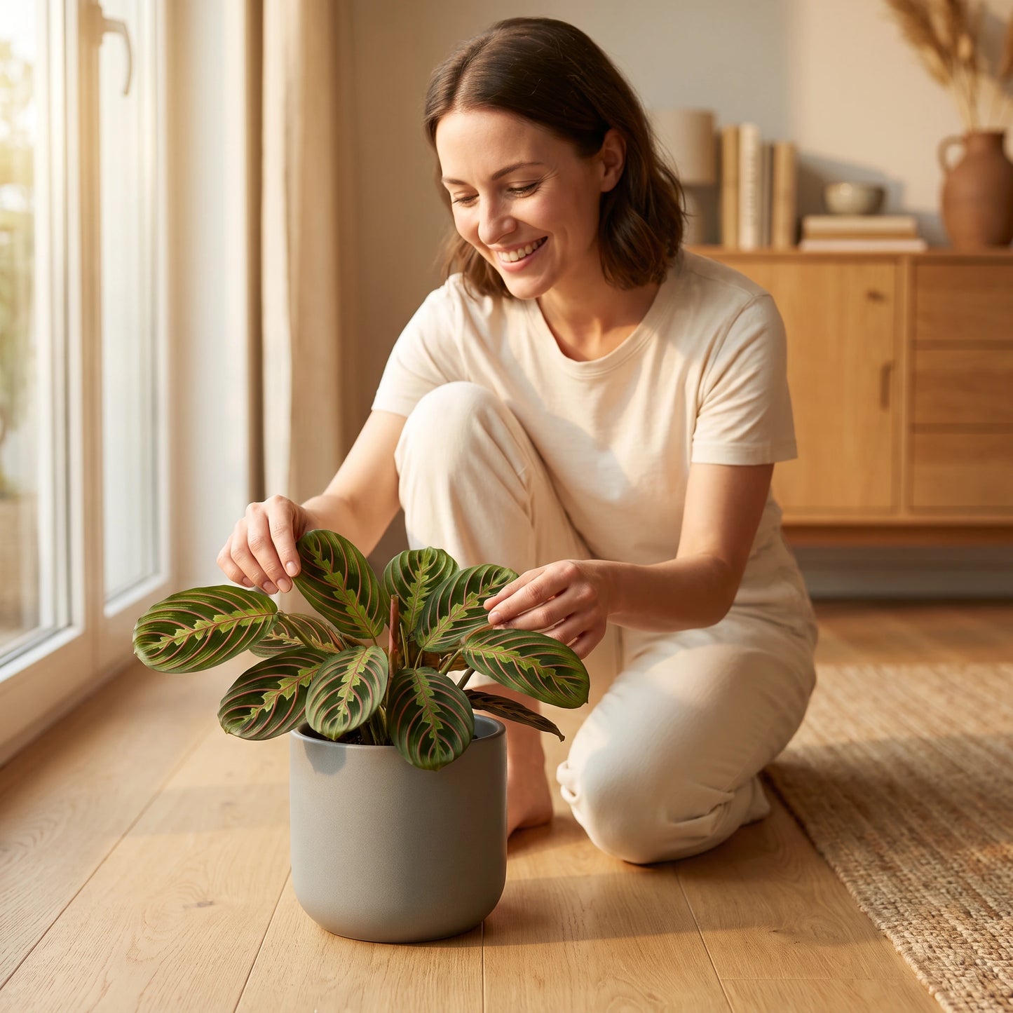 Frau arrangiert eine Maranta Leuconeura Fascinator im hellen Wohnzimmer
