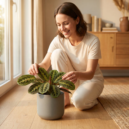Frau arrangiert eine Maranta Leuconeura Fascinator im hellen Wohnzimmer
