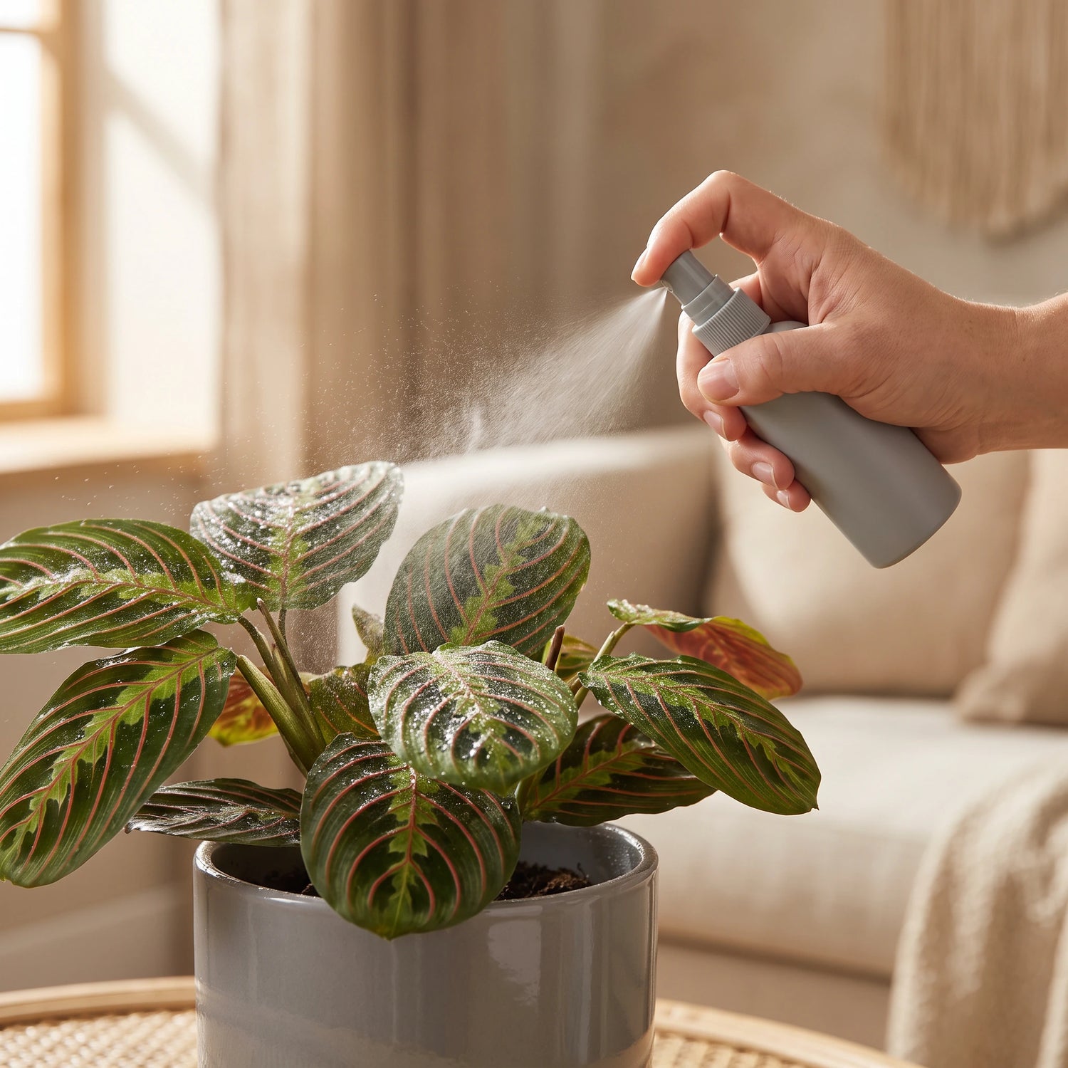 Blätter der Maranta Leuconeura Fascinator werden mit Wasser besprüht – Pflege