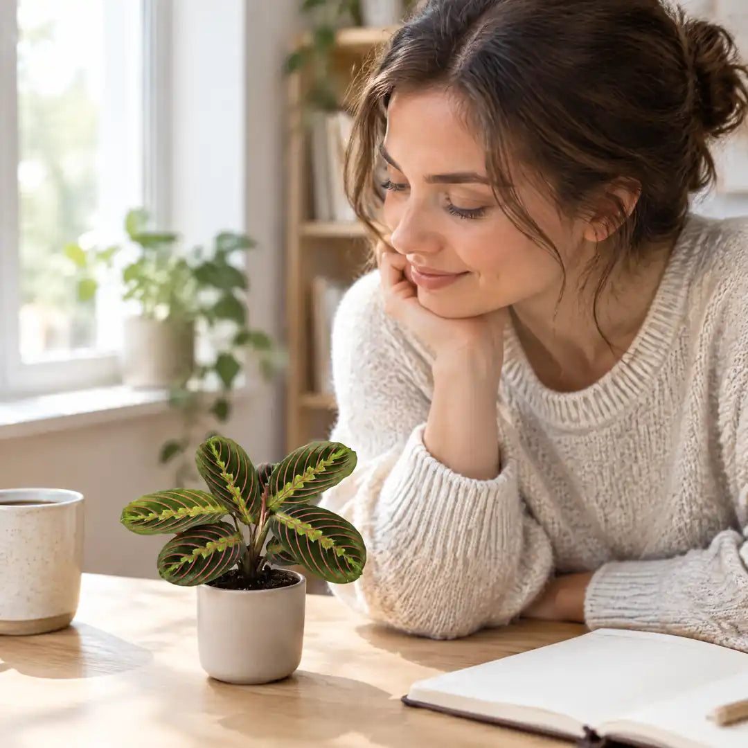 Frau am Schreibtisch betrachtet die kleine Maranta Fascinator Tricolor