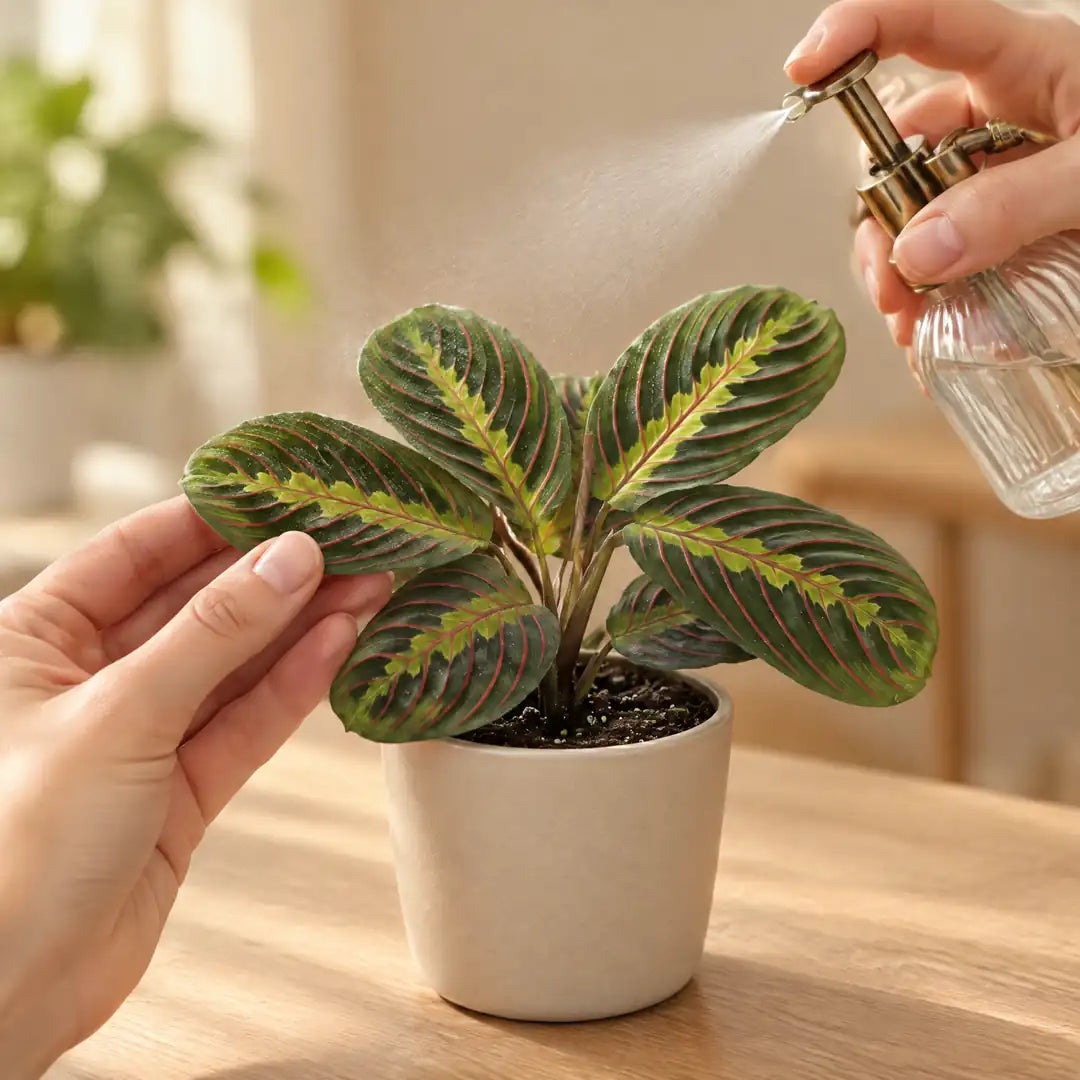 Hand hält ein Blatt der Maranta Fascinator Tricolor, daneben feiner Sprühnebel