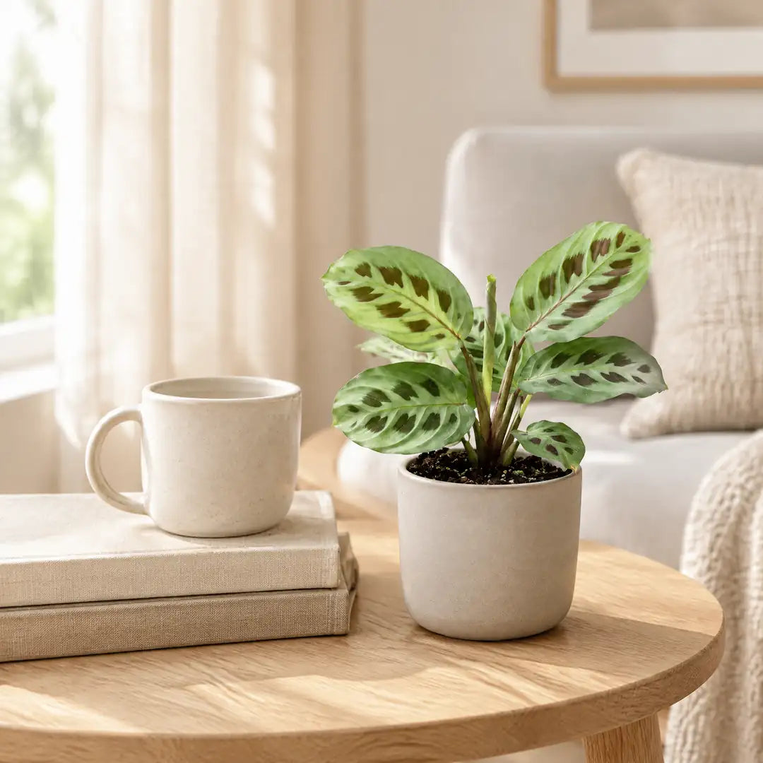 Kaninchenfußpflanze (Maranta leuconeura 'Kerchoveana') im beigen Übertopf auf einem Beistelltisch im hellen Wohnzimmer