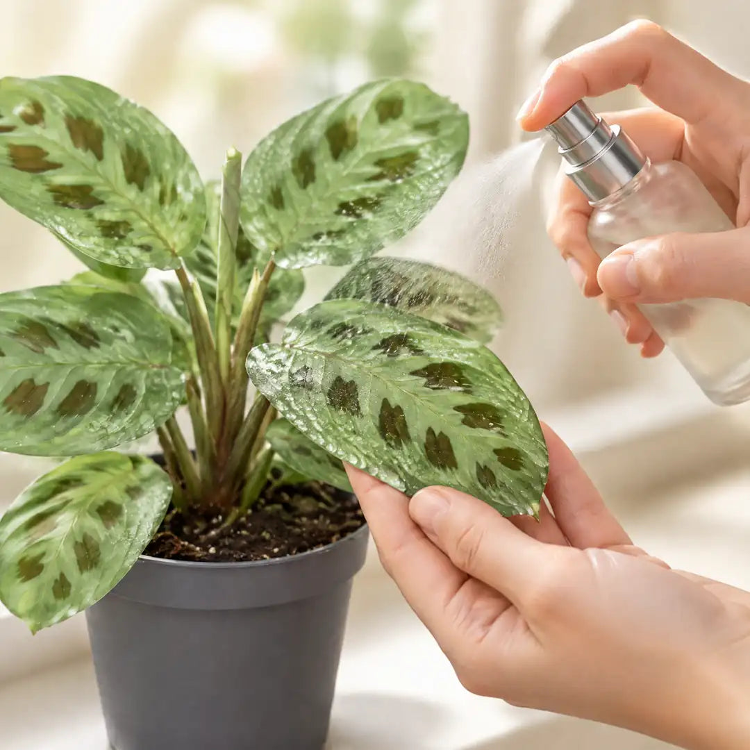 Hand besprüht die Blätter der Maranta Kerchoveana mit Wasser für mehr Luftfeuchtigkeit