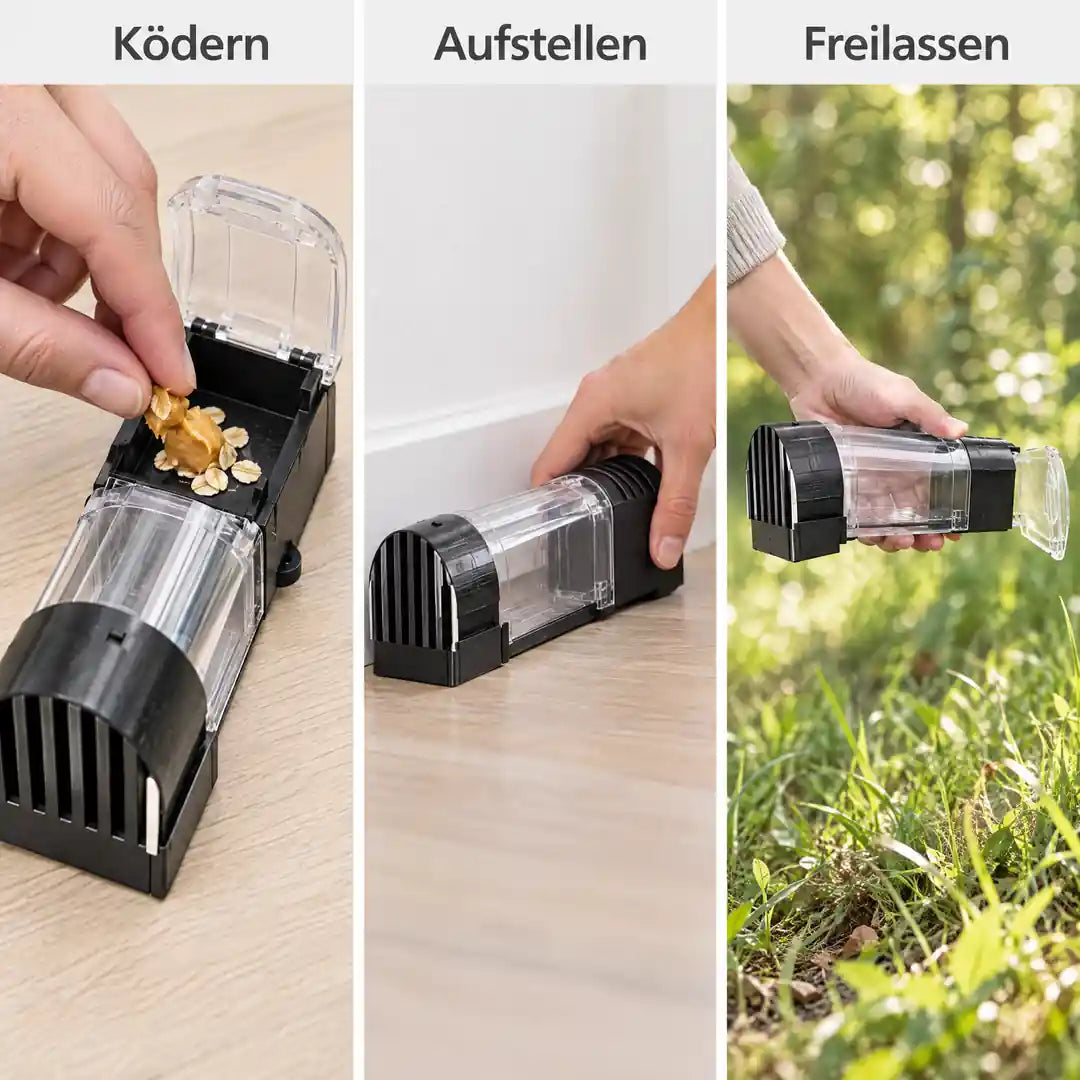 Anwendung in drei Schritten: Ködern, Aufstellen, Freilassen