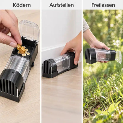 Anwendung in drei Schritten: Ködern, Aufstellen, Freilassen