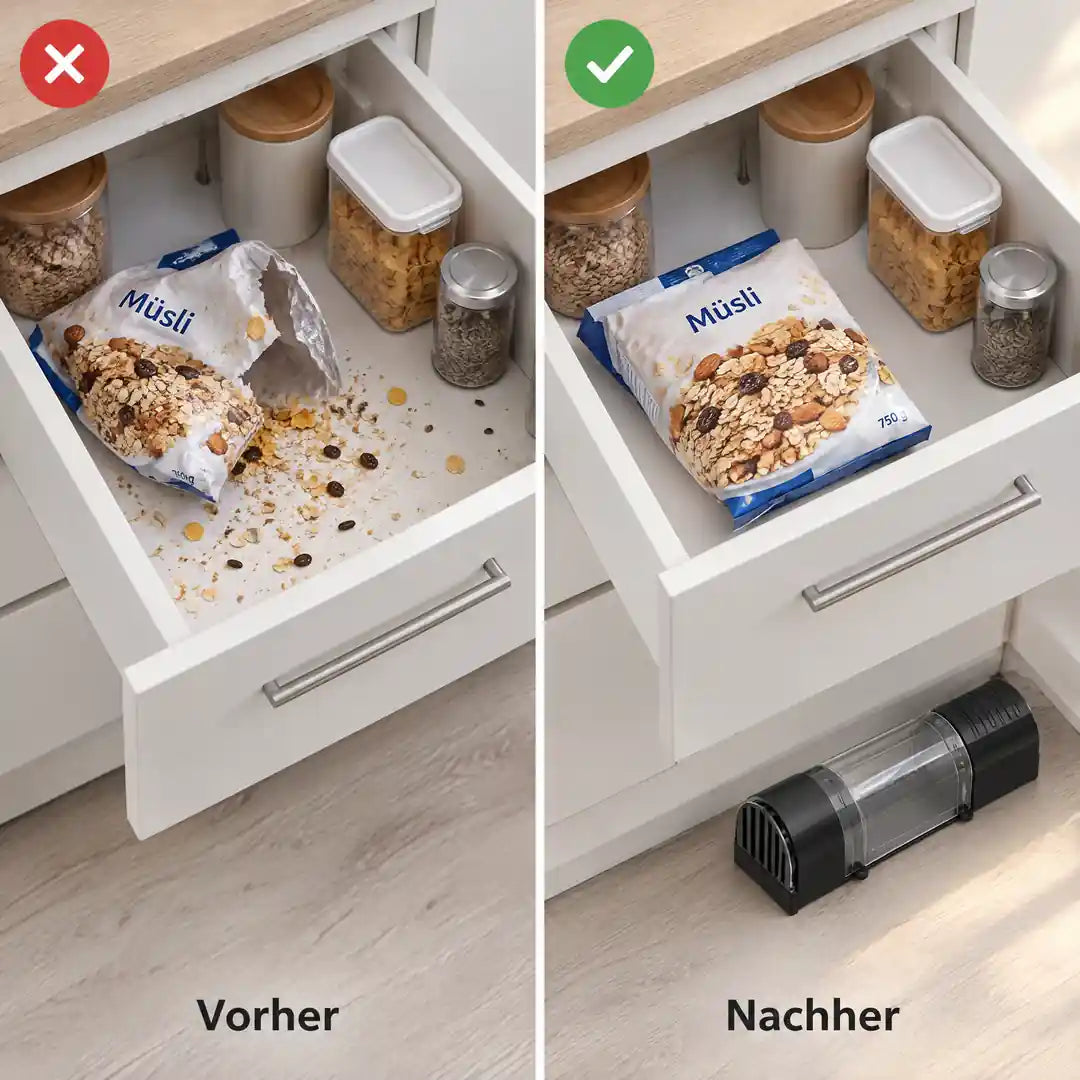 Vorher und nachher: angenagte Vorräte in der Schublade gegenüber sauberer Küche mit aufgestellter Falle