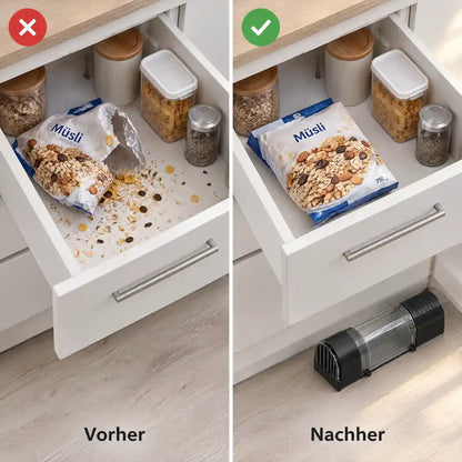 Vorher und nachher: angenagte Vorräte in der Schublade gegenüber sauberer Küche mit aufgestellter Falle