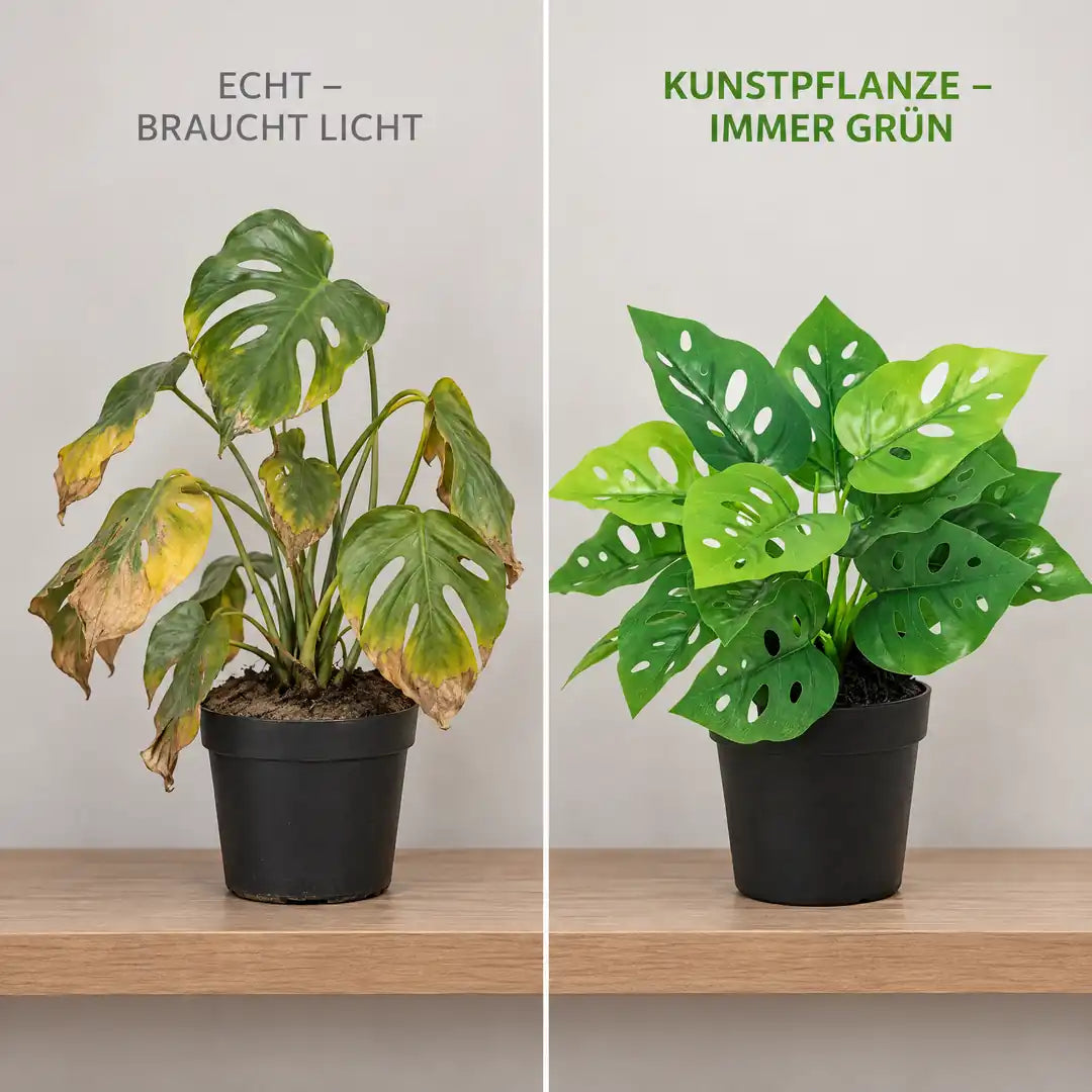 Vergleich: verwelkte echte Monstera neben der künstlichen Monstera