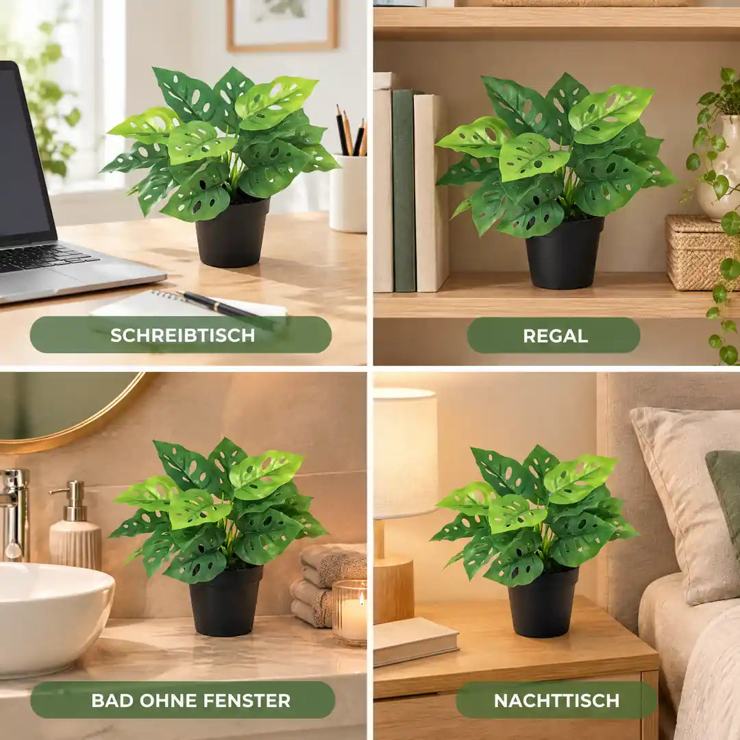 Vier Einsatzorte der künstlichen Monstera: Schreibtisch, Regal, Bad und Nachttisch