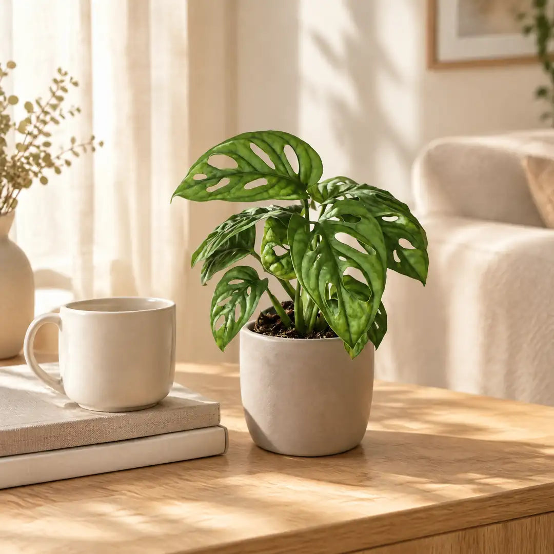 Monstera adansonii im beigen Übertopf auf einem Sideboard im hellen Wohnzimmer
