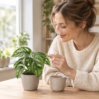 Frau betrachtet eine kleine Monstera adansonii auf dem Tisch