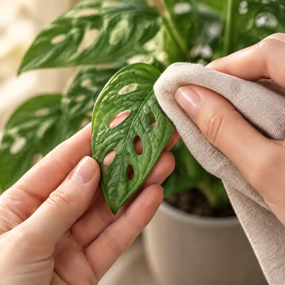 Hand wischt ein Blatt der Monstera adansonii mit einem weichen Tuch ab