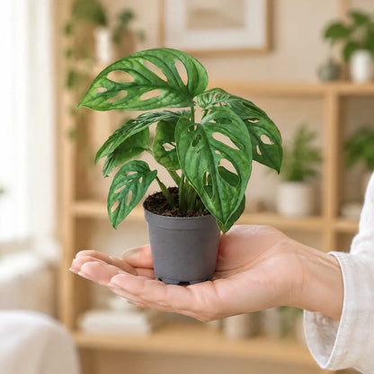 Monstera adansonii im 6-cm-Topf auf einer Handfläche als Größenvergleich