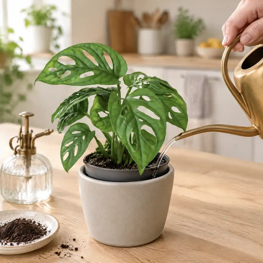 Monstera adansonii wird mit einer Messing-Gießkanne an der Erde gegossen
