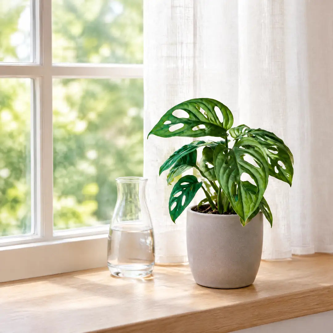 Monstera adansonii auf einer hellen Fensterbank neben einem Leinenvorhang