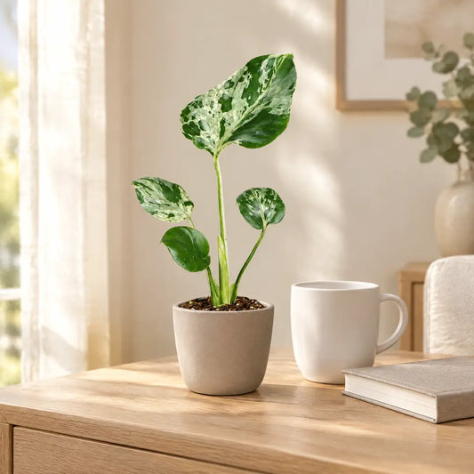 Monstera Bulbasaur im beigen Übertopf auf einem Holz-Sideboard im hellen Wohnzimmer