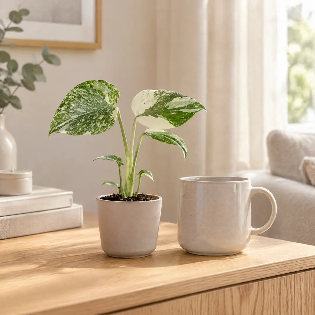 Monstera Creme Brûlée im beigen Übertopf neben einer Tasse auf einem Holzsideboard