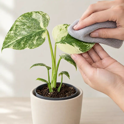 Hand wischt ein Blatt der Monstera Creme Brûlée mit einem weichen Tuch ab