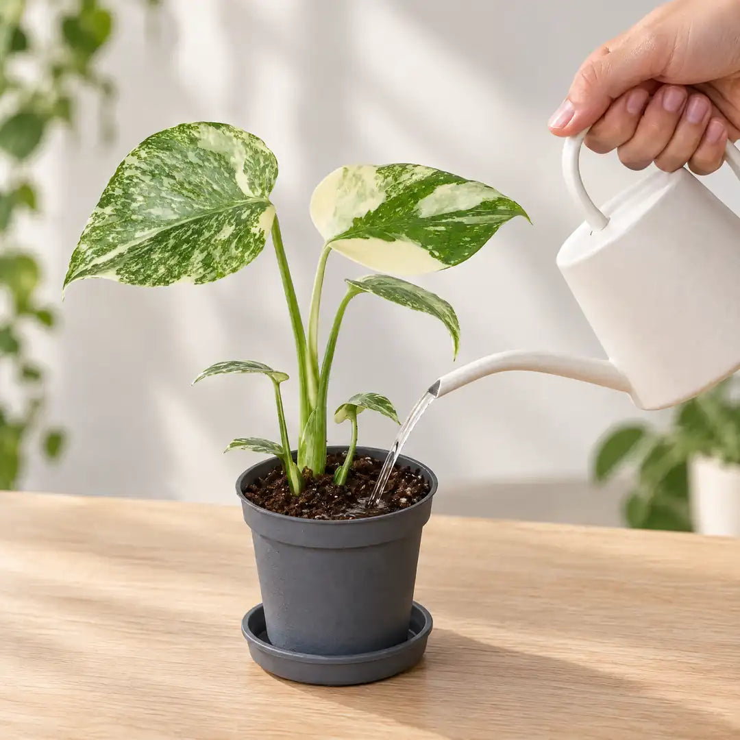 Monstera Creme Brûlée wird mit einer weißen Gießkanne an der Erde gegossen