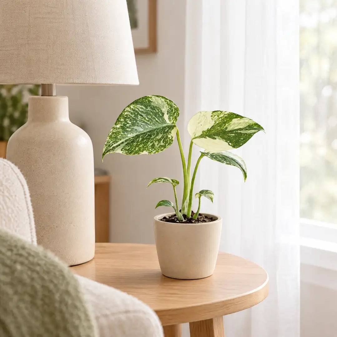 Monstera Creme Brûlée auf einem Beistelltisch vor einem hellen Fenster mit Vorhang