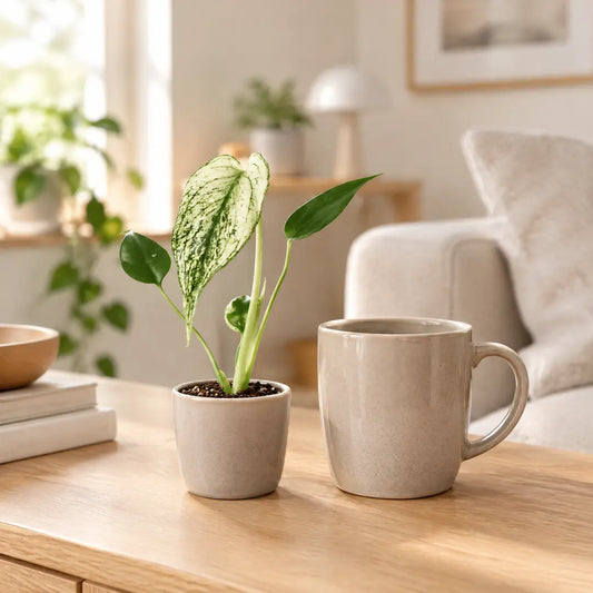 Monstera Devil Monster im beigen Übertopf neben einer Kaffeetasse im hellen Wohnzimmer