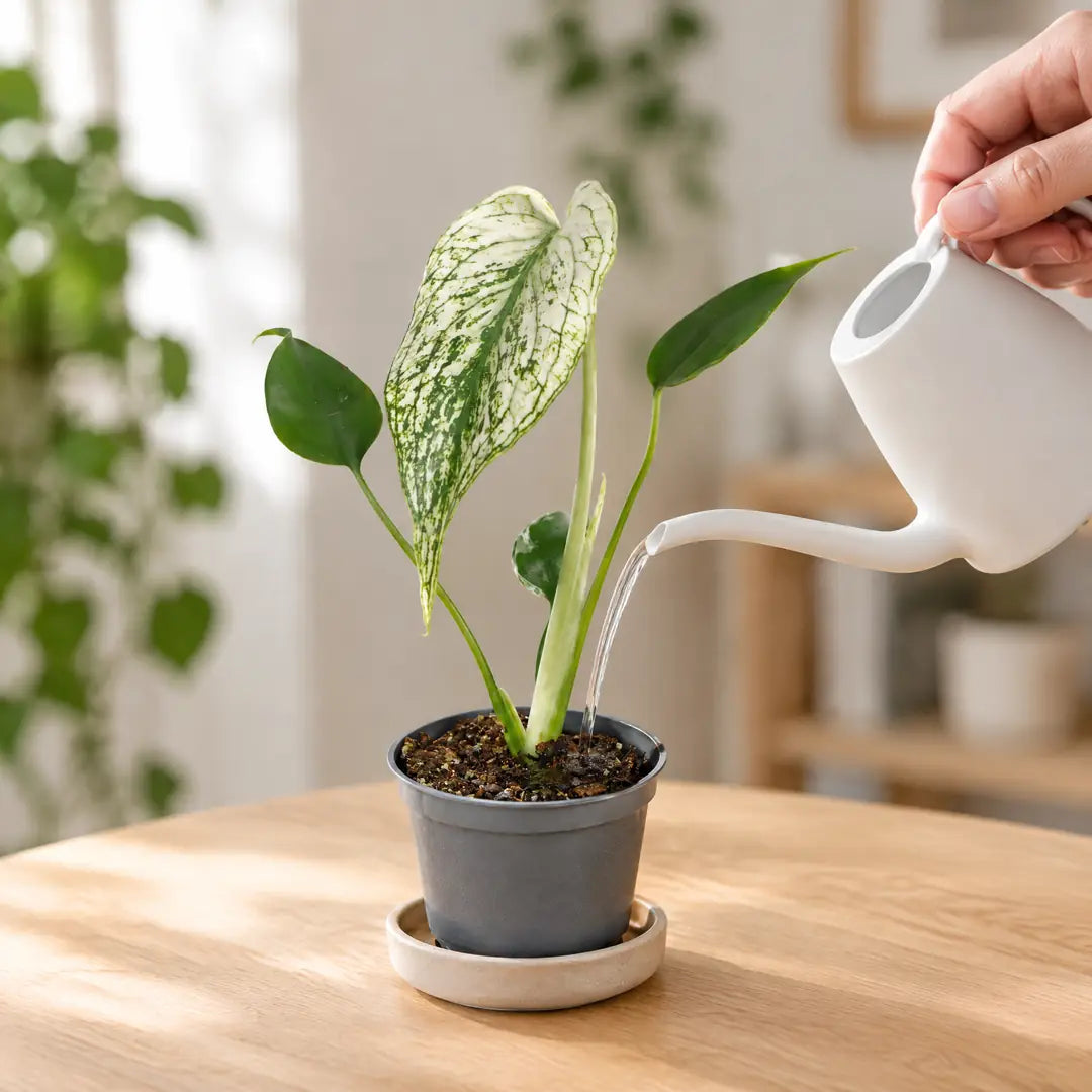 Monstera Devil Monster wird mit einer weißen Gießkanne an der Erde gegossen