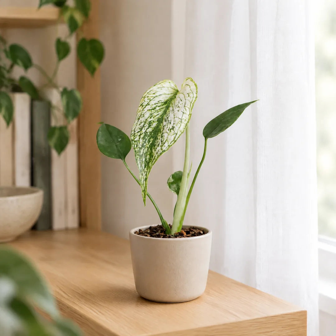 Monstera Devil Monster auf einem Holzregal neben einem Fenster mit weißem Vorhang
