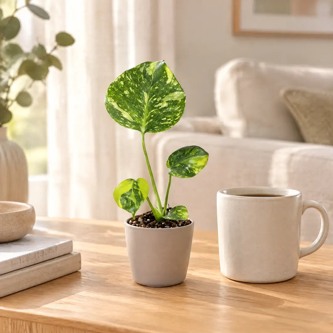 Monstera Electro Light im beigen Übertopf neben einer Kaffeetasse im hellen Wohnzimmer