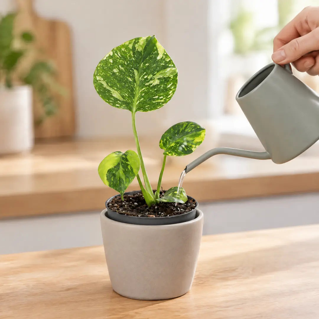 Monstera Electro Light wird mit einer grauen Gießkanne an der Erde gegossen