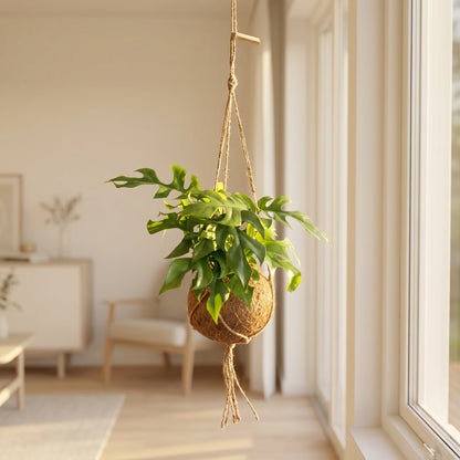 Monstera Minima Kokedama – hängende Mini-Monstera im Kokosfaser-Ball vor Fenster im hellen Wohnraum