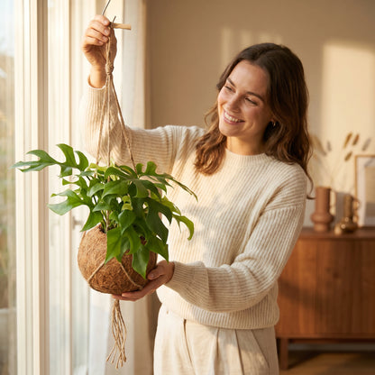 Frau hängt die Monstera Minima Kokedama am hellen Fenster auf