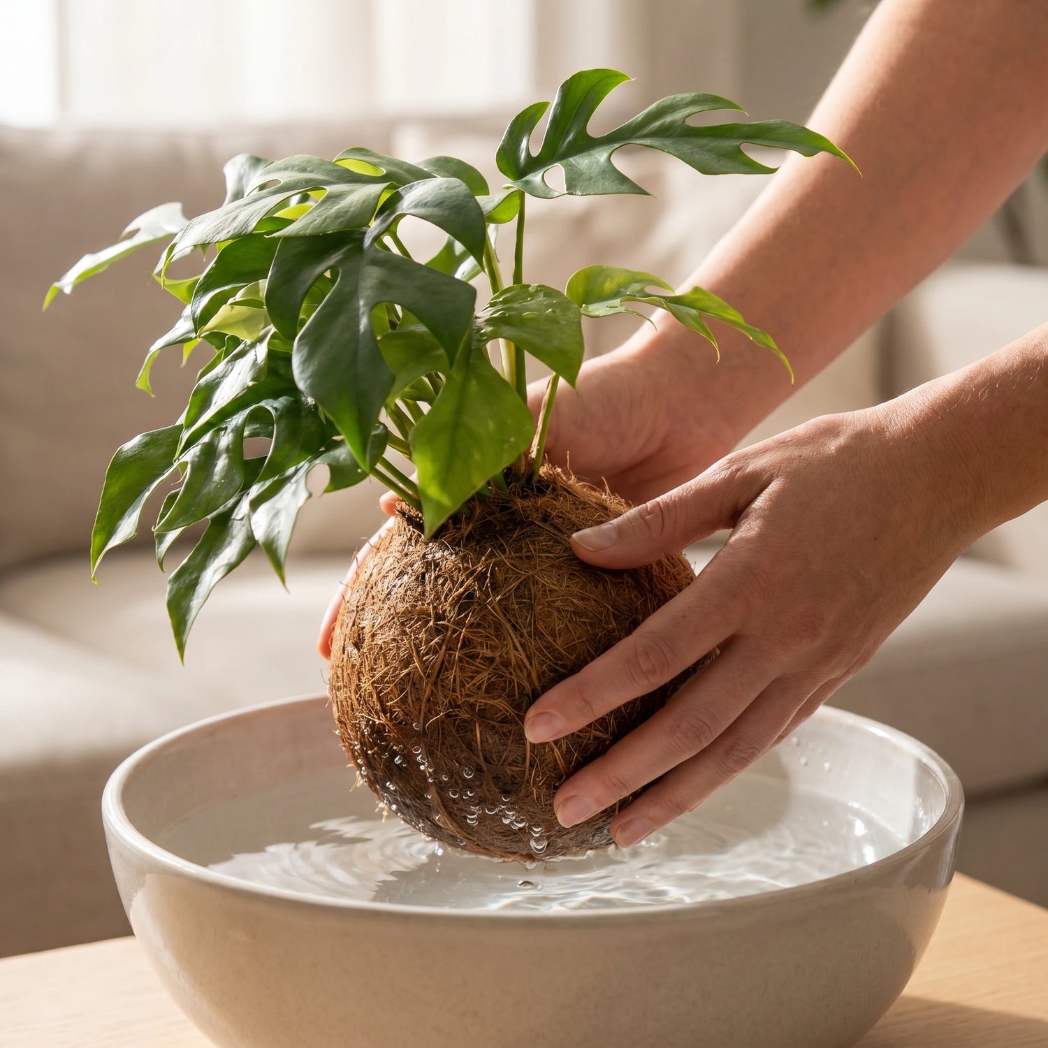 Pflege: Kokosfaser-Kugel der Monstera Minima Kokedama beim Tauchen in Wasser