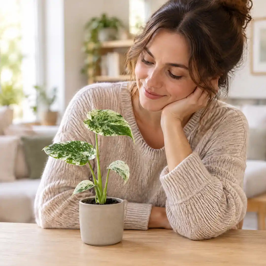 Frau betrachtet eine kleine Monstera Mint Variegata auf dem Tisch