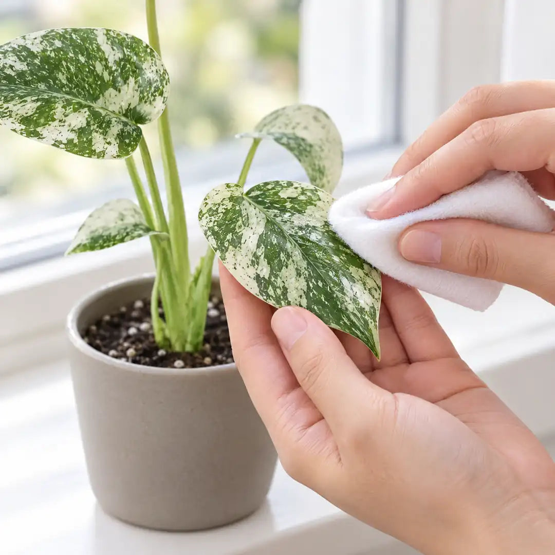 Hand wischt ein marmoriertes Blatt der Monstera Mint mit einem weichen Tuch ab