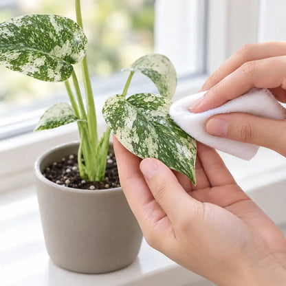 Hand wischt ein marmoriertes Blatt der Monstera Mint mit einem weichen Tuch ab