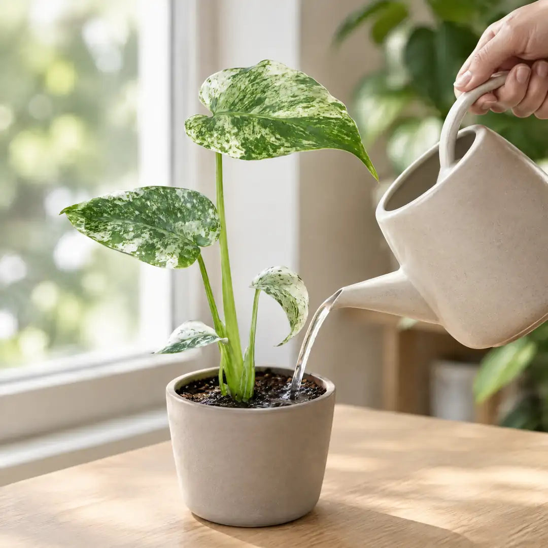 Monstera Mint Variegata wird mit einer Keramik-Gießkanne gegossen