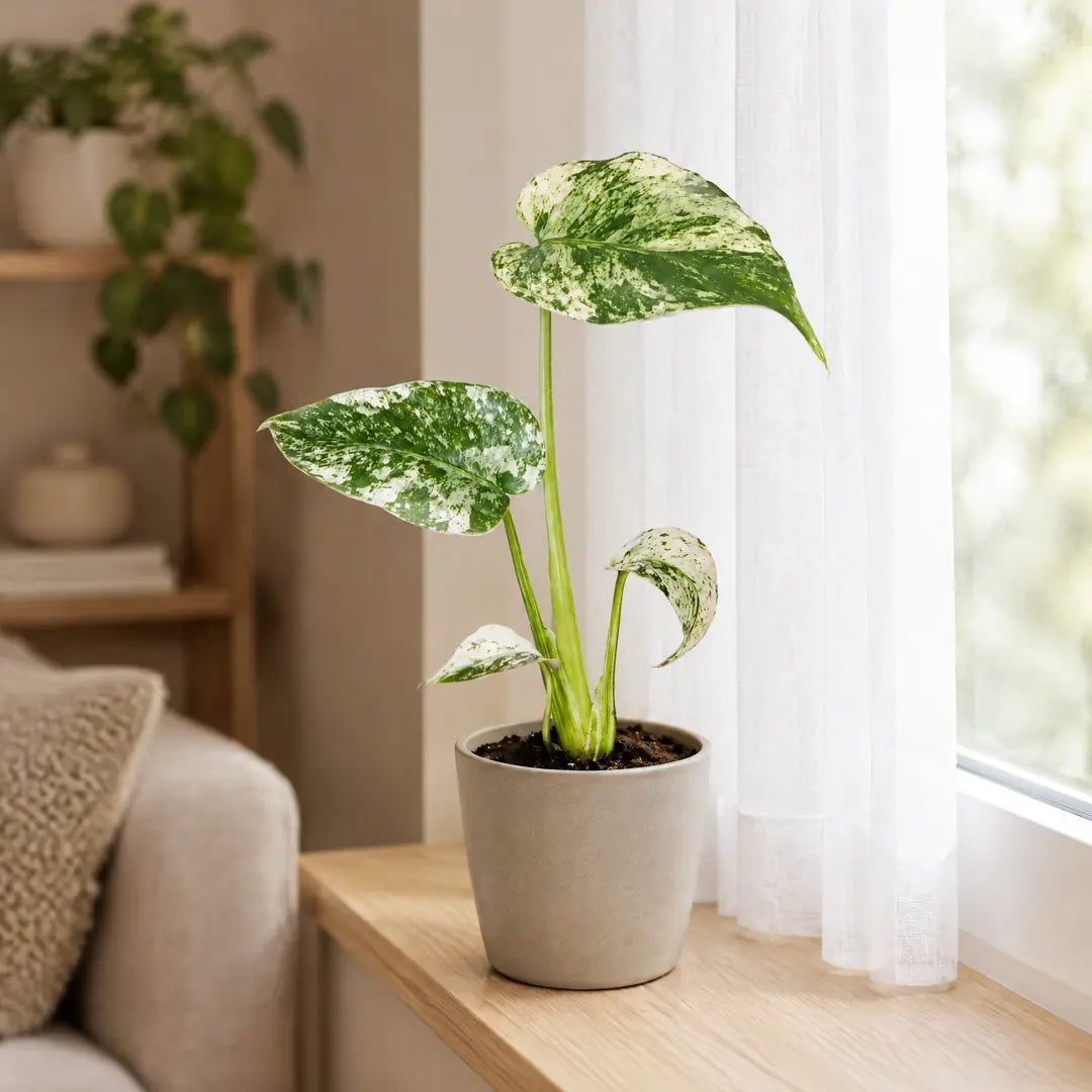 Monstera Mint Variegata am hellen Fenster hinter einer Gardine